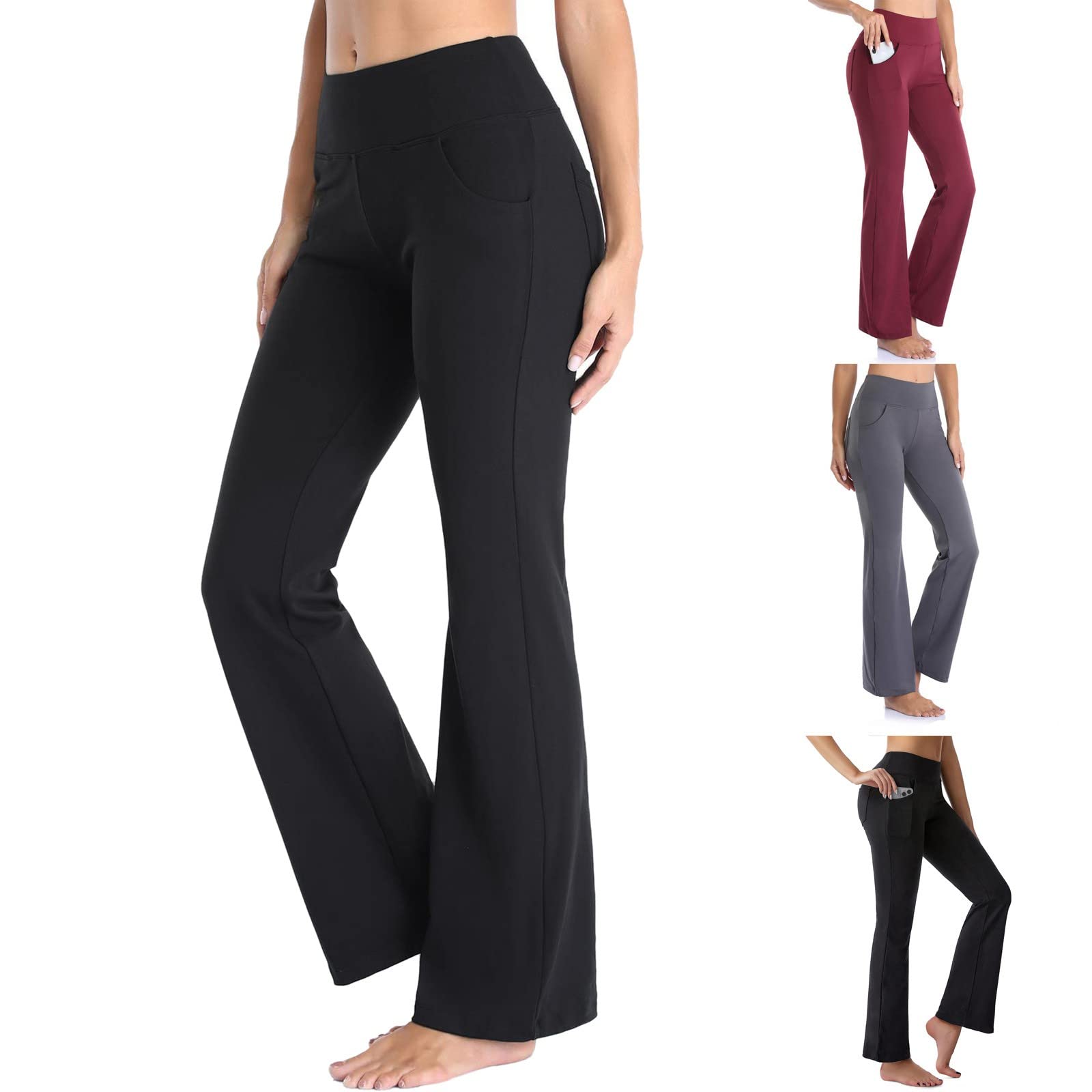 Angxiwan Yoga Pants with Pockets for Women Casual Solid Color High Waisted Workout Bootcut Flare Yoga Legging