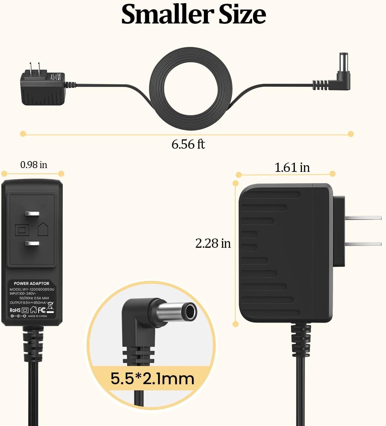 9V 850mA Adapter for Guitar Pedals Power Supply, Power Cord for BOSS Effects Pedal Roland Musical Instruments Distortion Casio Keyboard Charger, PSA-120S Center Negative Charging Cable Cord