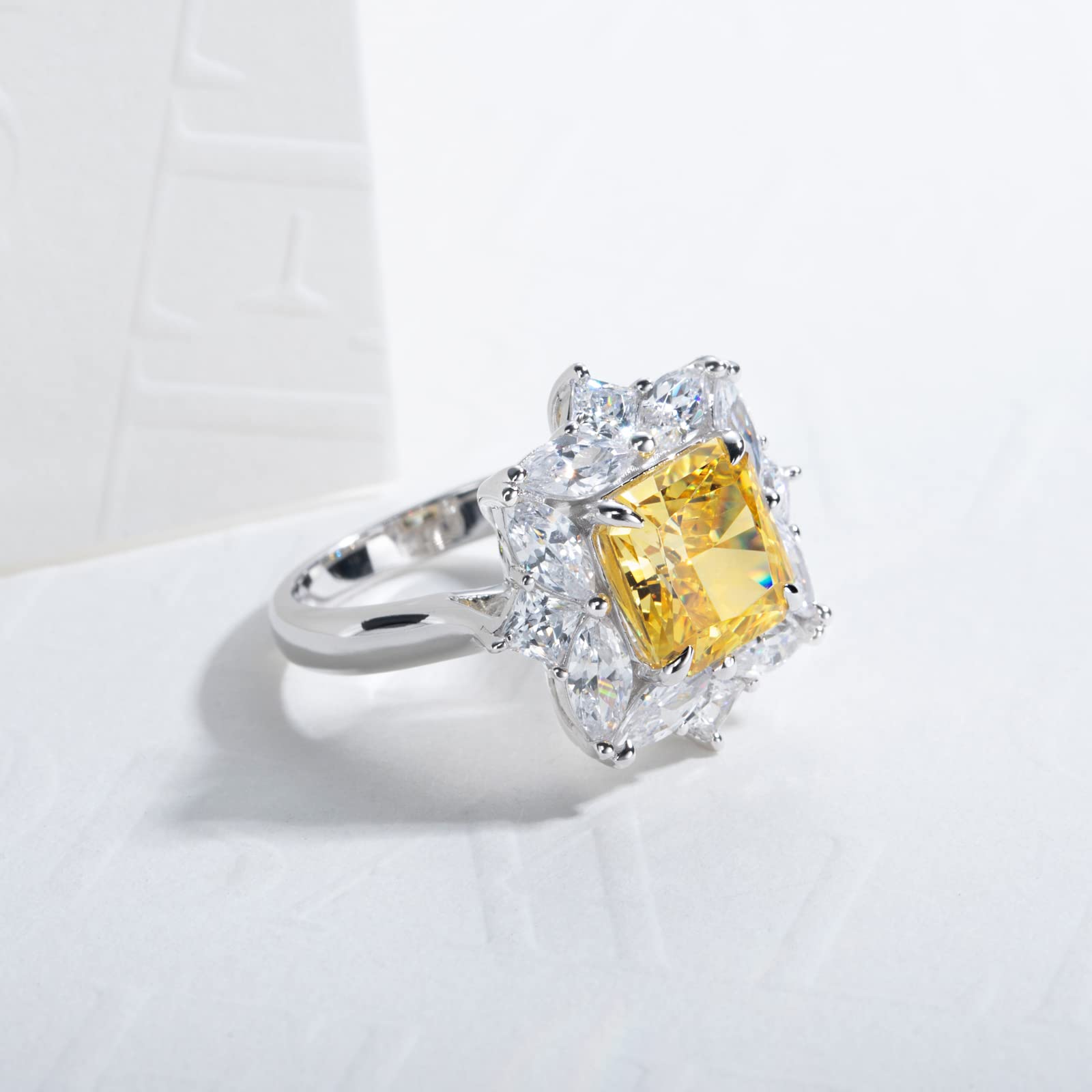 Gobaalele Radiant Cut Engagement Ring, 7.5ct 5A Cubic Zirconia Yellow Stone Citrine White Gold Plated S925 Sterling Silver CZ Promise Statement Anniversary Halo Ring Christmas gift for Women Size5.0