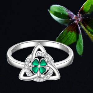 St Patricks Day Shamrock Ring Clover Ring for Women Sterling Silver Clover Rings Green Irish Lucky Friendship Leaf Celtic Knot Cubic Zirconia Triangle Jewelry Size 8