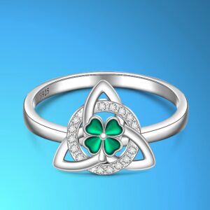 St Patricks Day Shamrock Ring Clover Ring for Women Sterling Silver Clover Rings Green Irish Lucky Friendship Leaf Celtic Knot Cubic Zirconia Triangle Jewelry Size 8