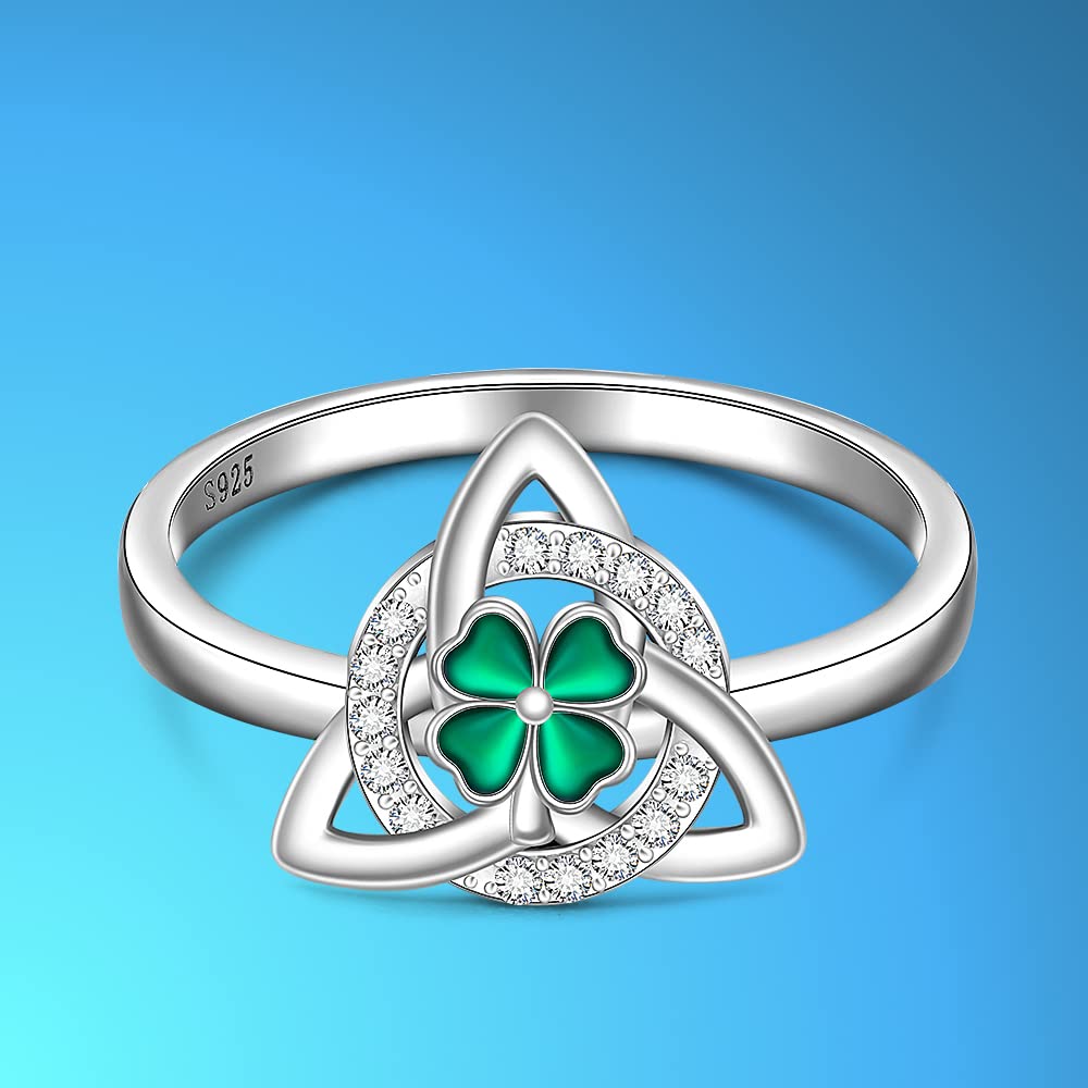 St Patricks Day Shamrock Ring Clover Ring for Women Sterling Silver Clover Rings Green Irish Lucky Friendship Leaf Celtic Knot Cubic Zirconia Triangle Jewelry Size 8