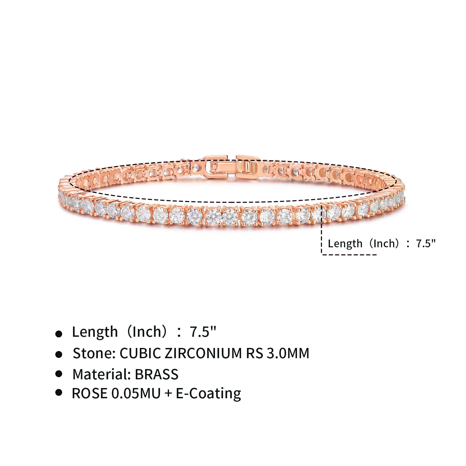 Devin Rose 3MM Cubic Zirconia Tennis Bracelet for Women 14K Rose Gold Plated Brass CZ Bracelets Sizes 6.5 Inches