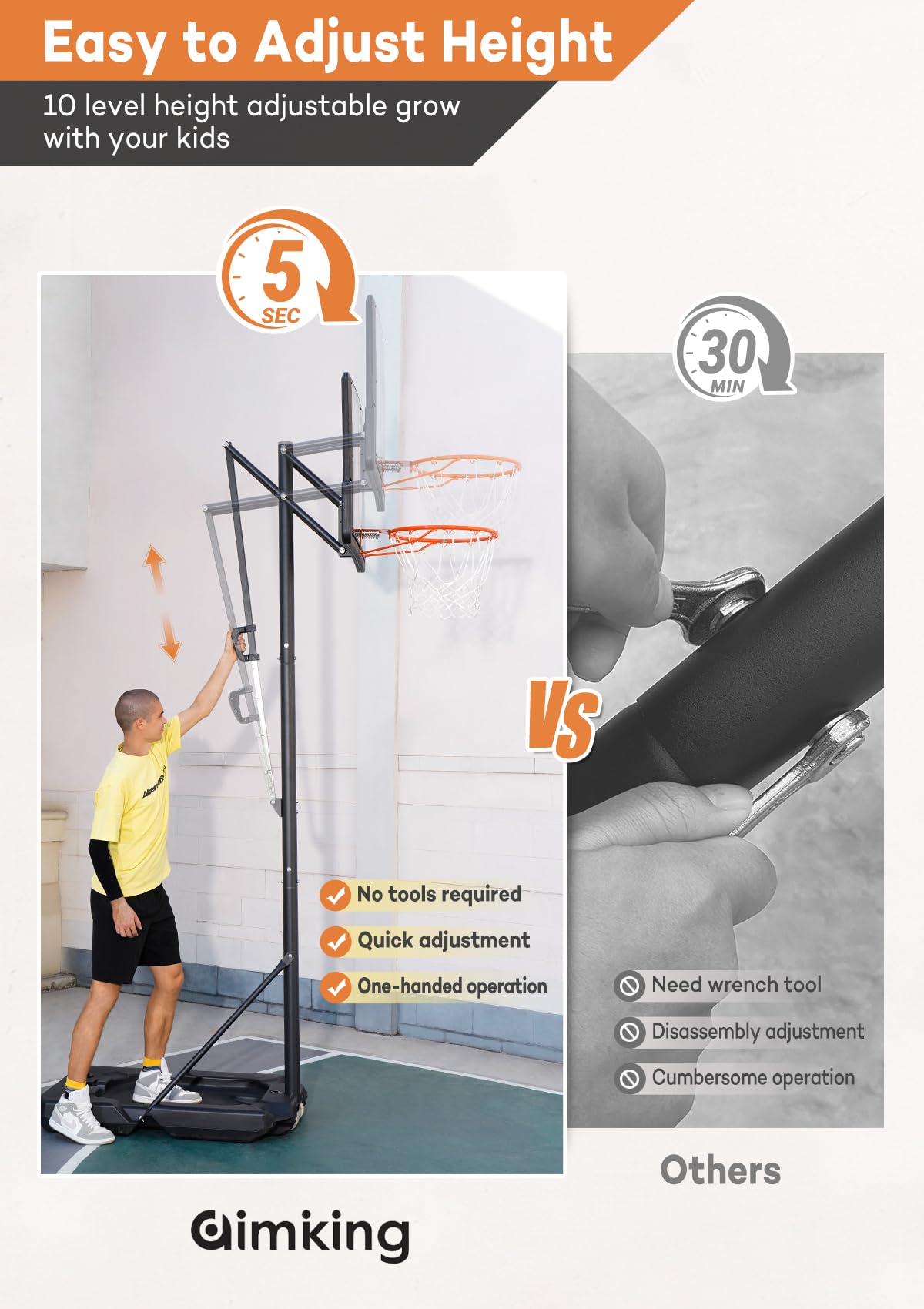 Aimking Portable Basketball Hoop Outdoor System with 44 Inch Shatterproof Backboard, 4.8-10 Feet Height Adjustable Basketball Goal System for Youth/Teens/Adults Indoor Outdoor