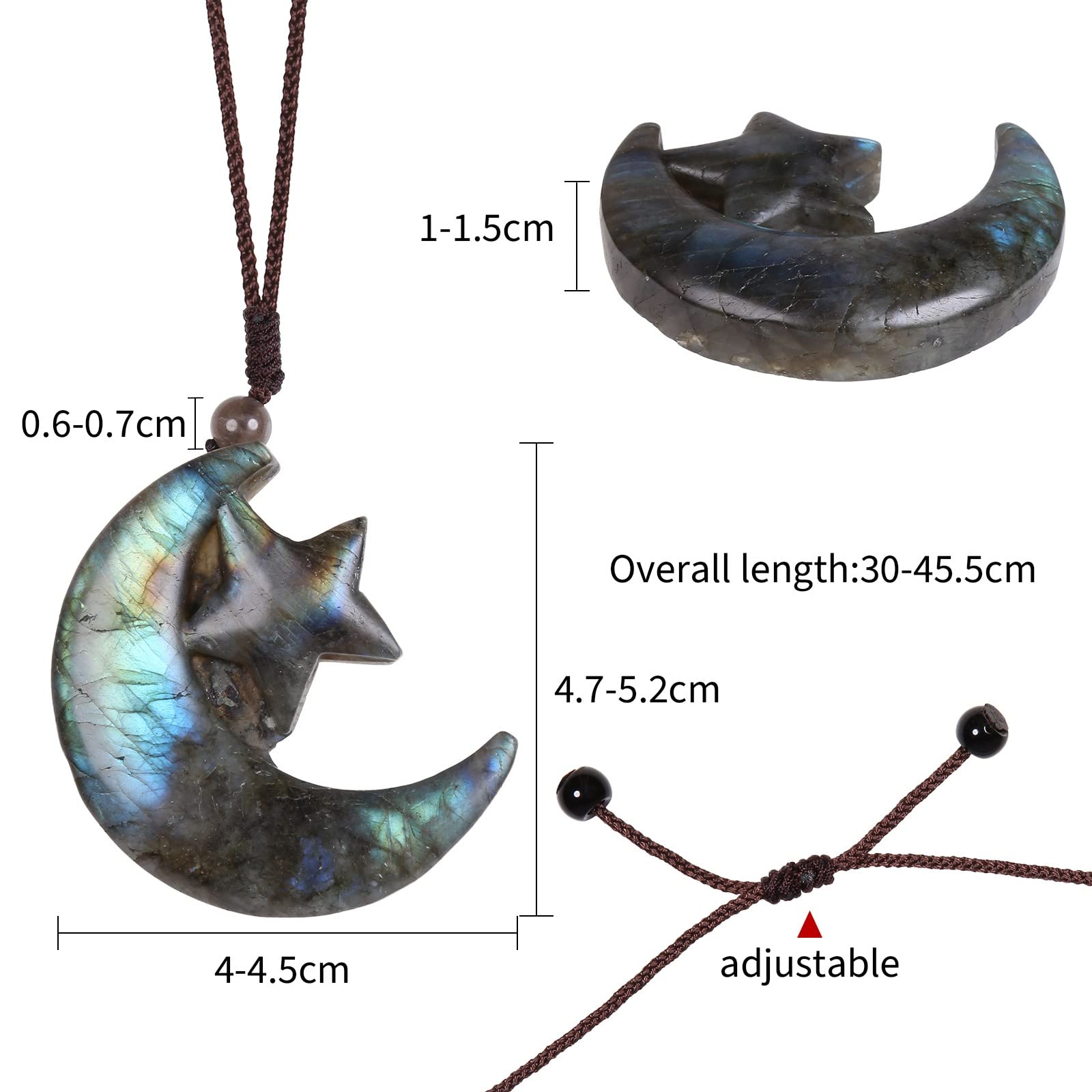 TUMBEELLUWA Natural Labradorite Pendant Necklace for Unisex Handcrafted Crystal Stone Amulet Necklace with Adjustable Cord, Star & Moon