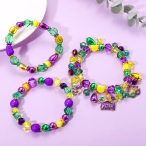 3PCS Mardi Gras Bracelets for Women Glitter Fleur De Lis Mask Jester Hat Charm Bracelets Beaded Stretch Bracelet Set for Carnival Parade Outfits Mardi Gras Accessory (Style A)