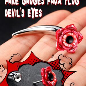 OUFER 2PCS Fake Lobe Earrings, 18G Devil's Eyes Lobe Piercing Jewelry, Fake Devil's Teeth Fake Gauges Faux Plug Taper 3D Devil's Flowers Body Piercing Jewelry For Women And Men