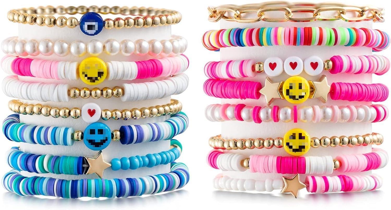 Women Girls Teens Preppy Bracelets Bohemian candy color Polymer Clay pearl Rice Bead bracelet Smile Smiley face star charm summer vacation bracelet