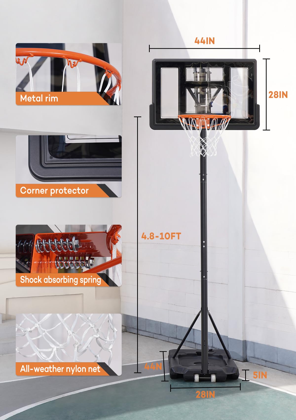 Aimking Portable Basketball Hoop Outdoor System with 44 Inch Shatterproof Backboard, 4.8-10 Feet Height Adjustable Basketball Goal System for Youth/Teens/Adults Indoor Outdoor