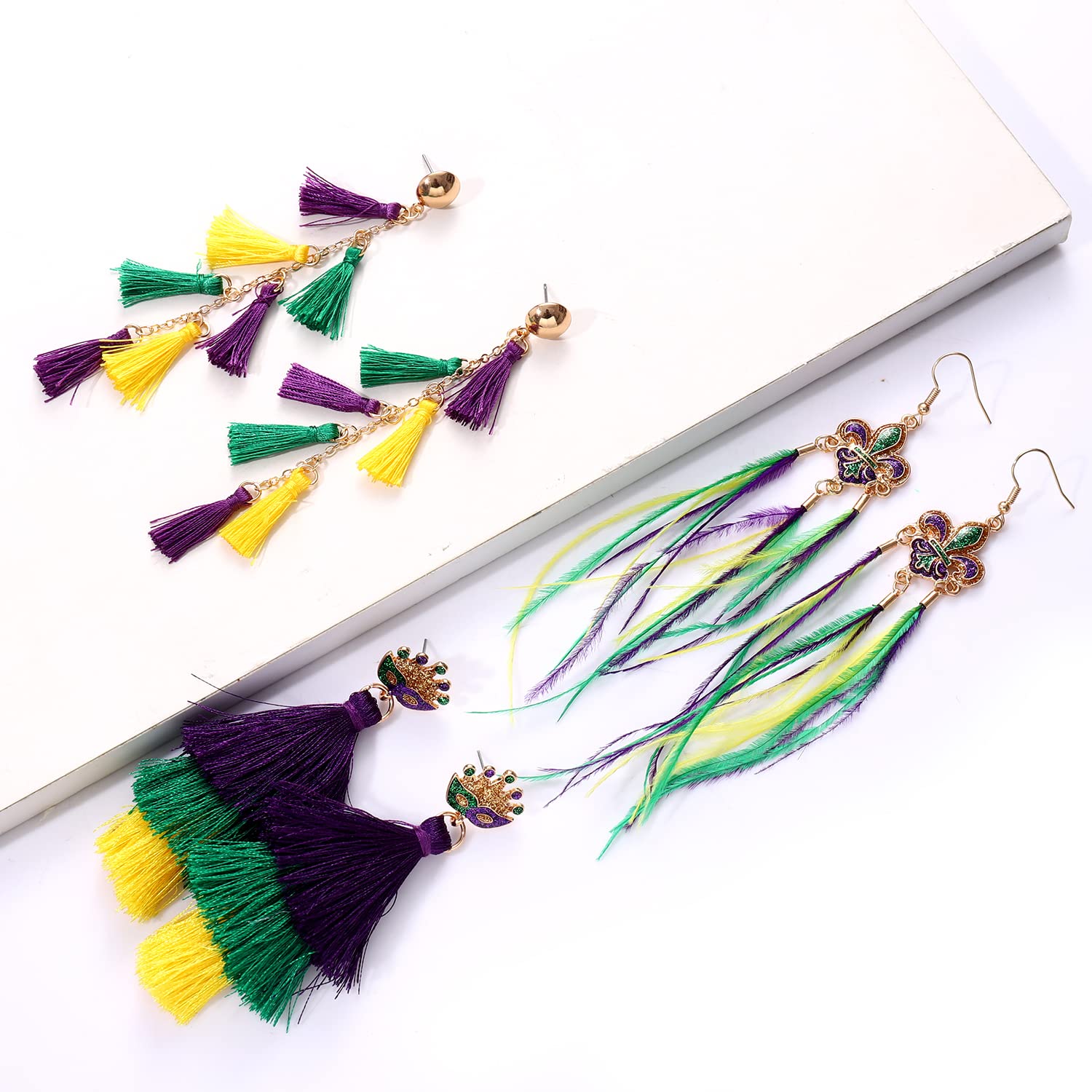 Mardi Gras Earrings Set Long Purple Green Gold Tassel Feather Mask Fleur De Lis Dangle Earrings for Women (3 pairs Mardi gras earrings set)