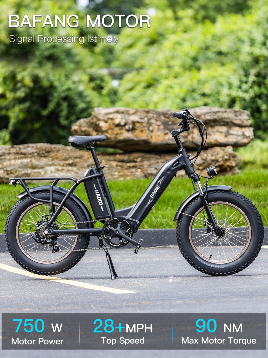 HAOQI Antelope Black Electric Bike for Adults 48V 25AH Removable Dual Lithium Battery, 750W Motor, 20" x 4.0 Fat Tire Step-Thru Ebike up to 28MPH, 7-Speed