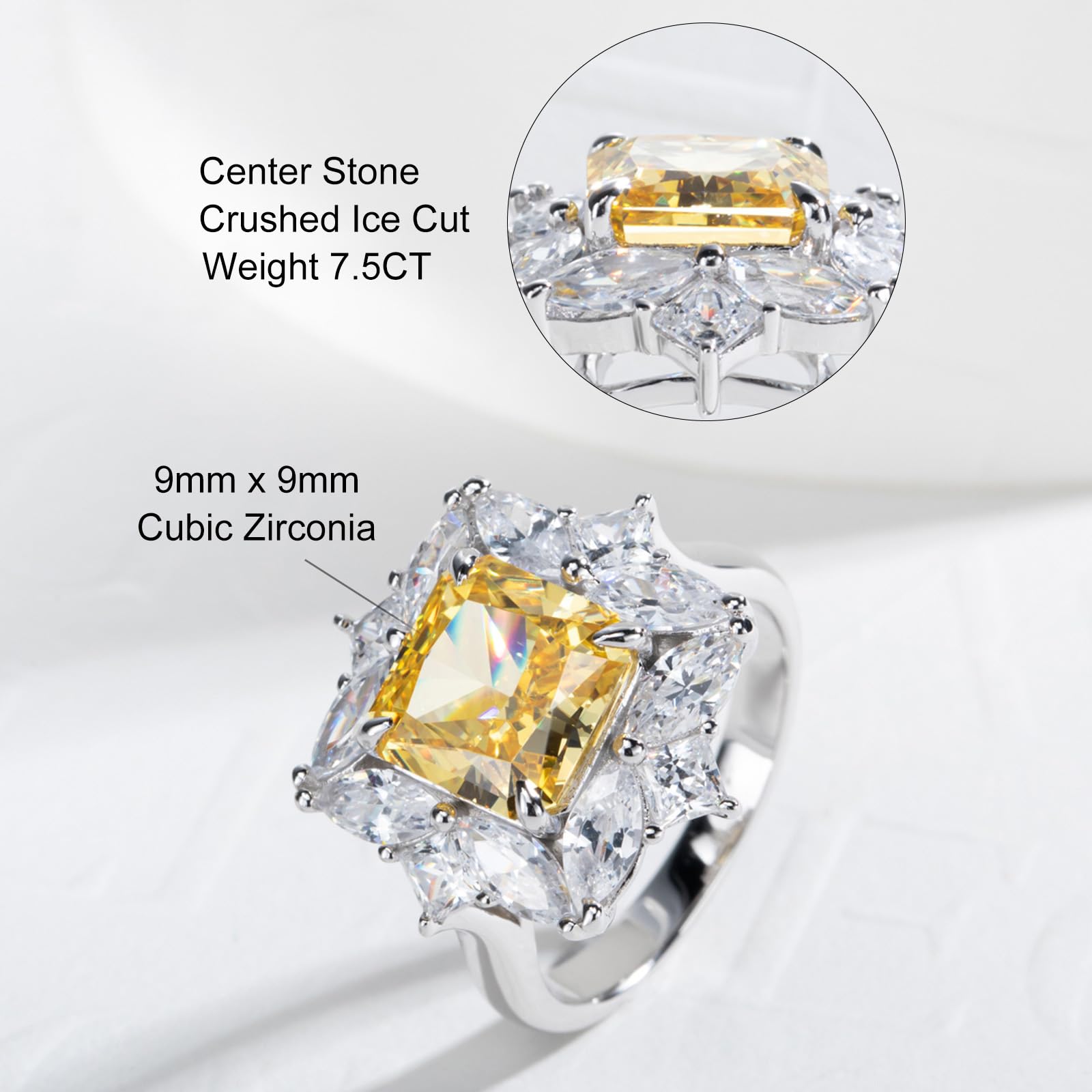 Gobaalele Radiant Cut Engagement Ring, 7.5ct 5A Cubic Zirconia Yellow Stone Citrine White Gold Plated S925 Sterling Silver CZ Promise Statement Anniversary Halo Ring Christmas gift for Women Size5.0