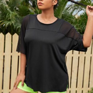 MakeMeChic Women's Plus Size Athletic Shirts Casual Letter Graphic Short Sleeve Round Neck Split Workout Sports Tee Tops Black B 4XL