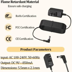 9V 850mA Adapter for Guitar Pedals Power Supply, Power Cord for BOSS Effects Pedal Roland Musical Instruments Distortion Casio Keyboard Charger, PSA-120S Center Negative Charging Cable Cord