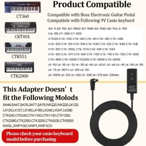 9V 850mA Adapter for Guitar Pedals Power Supply, Power Cord for BOSS Effects Pedal Roland Musical Instruments Distortion Casio Keyboard Charger, PSA-120S Center Negative Charging Cable Cord