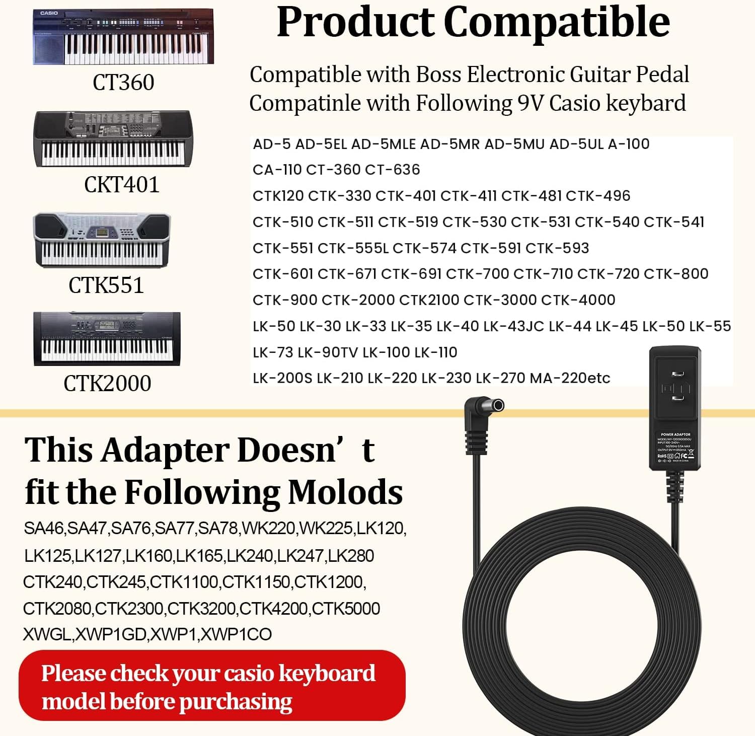 9V 850mA Adapter for Guitar Pedals Power Supply, Power Cord for BOSS Effects Pedal Roland Musical Instruments Distortion Casio Keyboard Charger, PSA-120S Center Negative Charging Cable Cord