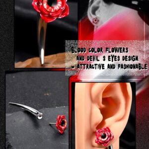 OUFER 2PCS Fake Lobe Earrings, 18G Devil's Eyes Lobe Piercing Jewelry, Fake Devil's Teeth Fake Gauges Faux Plug Taper 3D Devil's Flowers Body Piercing Jewelry For Women And Men