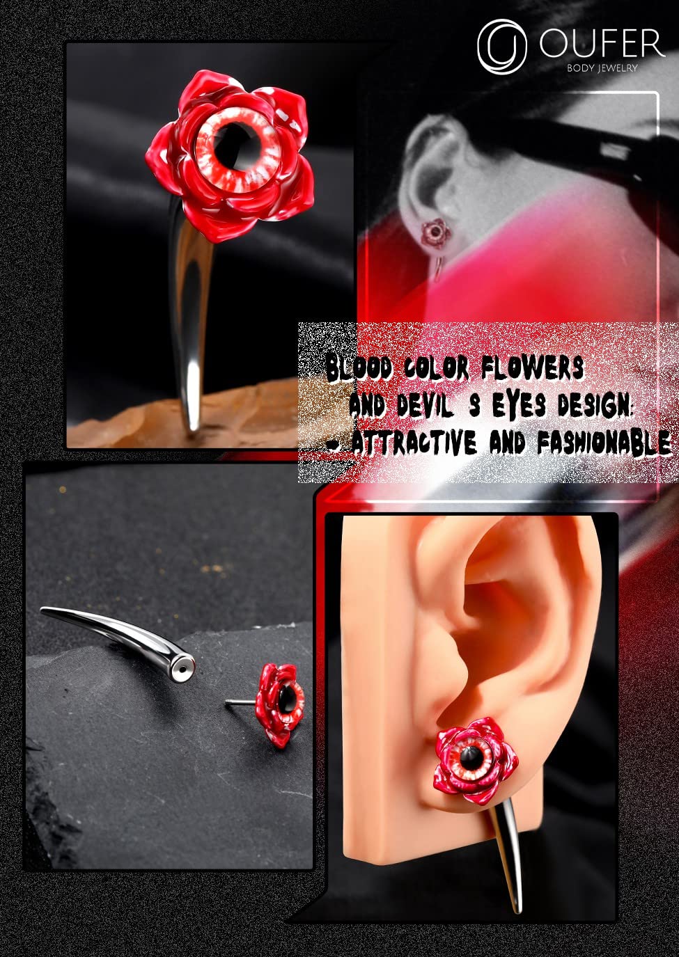 OUFER 2PCS Fake Lobe Earrings, 18G Devil's Eyes Lobe Piercing Jewelry, Fake Devil's Teeth Fake Gauges Faux Plug Taper 3D Devil's Flowers Body Piercing Jewelry For Women And Men