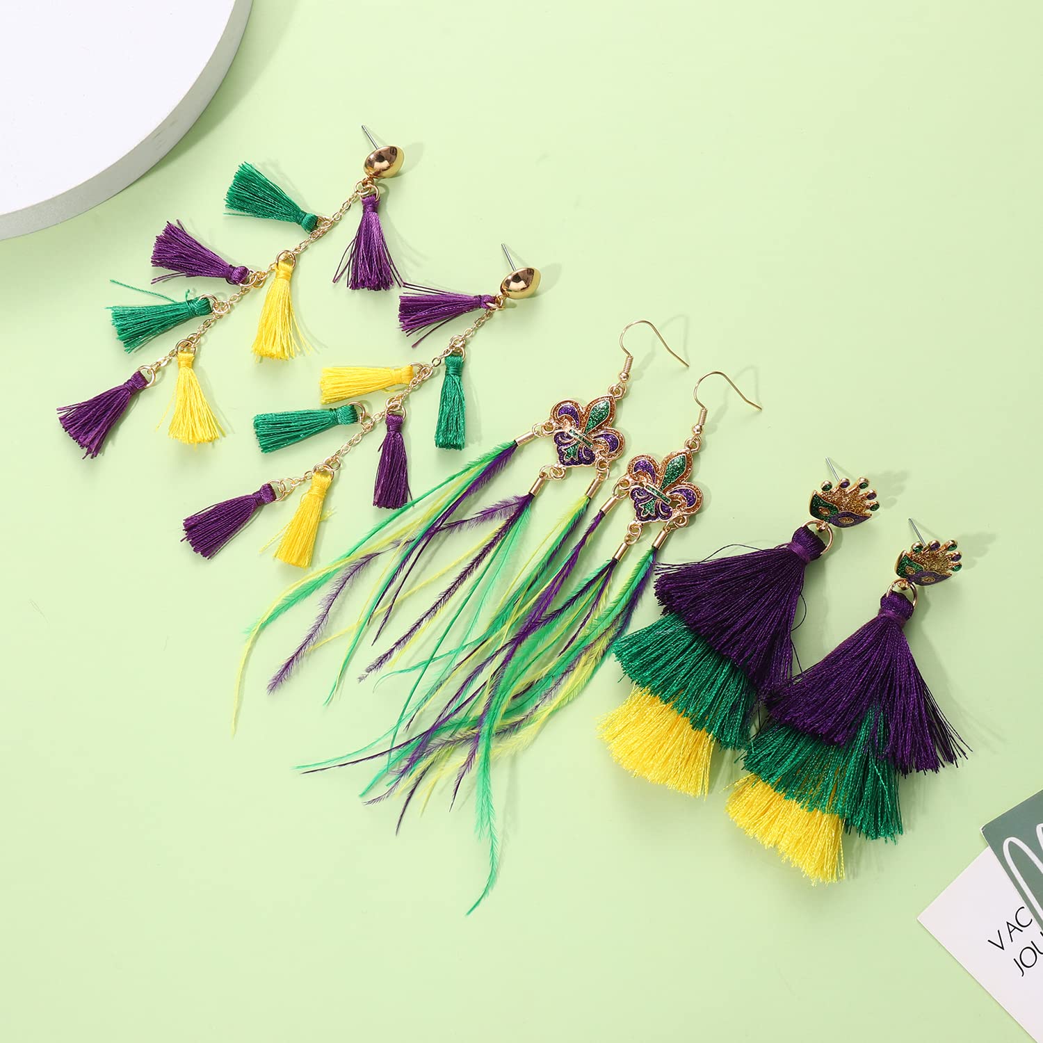 Mardi Gras Earrings Set Long Purple Green Gold Tassel Feather Mask Fleur De Lis Dangle Earrings for Women (3 pairs Mardi gras earrings set)