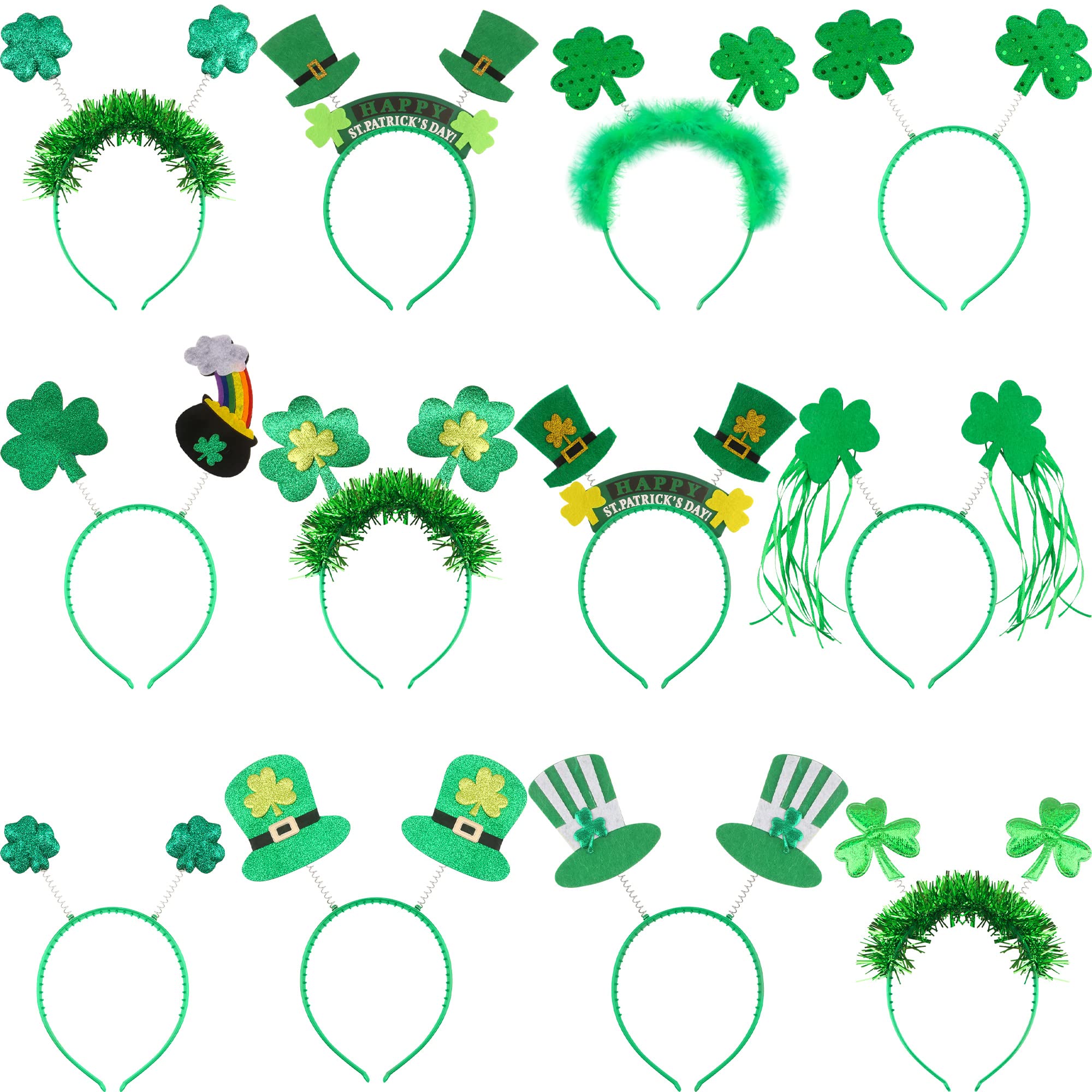 Cotiny 12 Pieces St Patrick's Day Headband Green Shamrock Headbands Irish Top Hat Head Boppers Hair Hoop for Adults Kids St Patricks Day Irish Party Favors