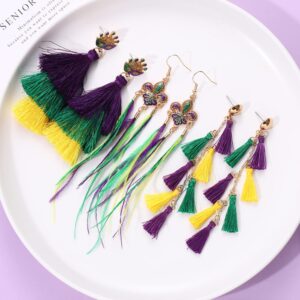 Mardi Gras Earrings Set Long Purple Green Gold Tassel Feather Mask Fleur De Lis Dangle Earrings for Women (3 pairs Mardi gras earrings set)