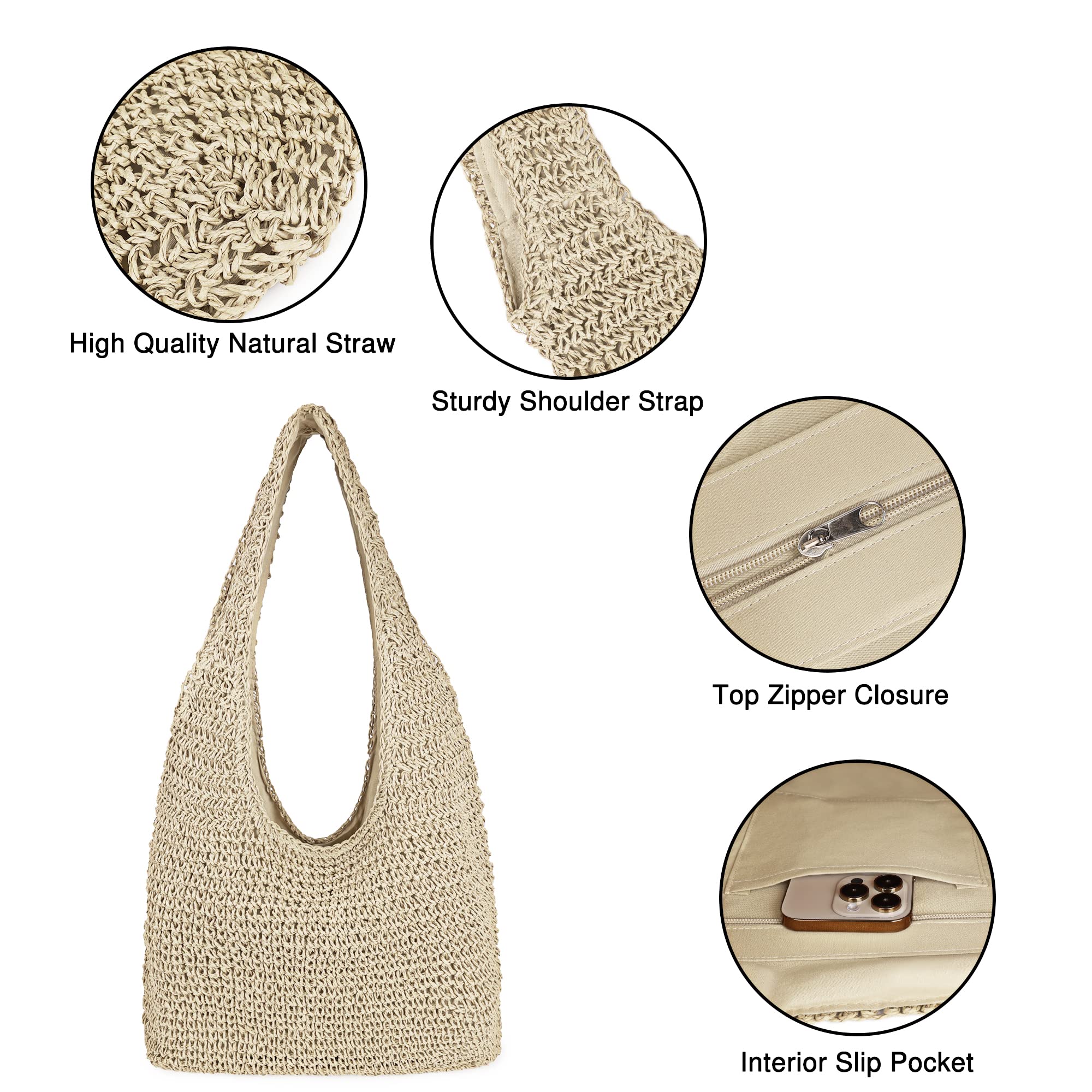 Women Large Straw Beach Bag Handmade Woven Shoulder Bags Hobo Tote Handbag Purse for Summer (Beige)