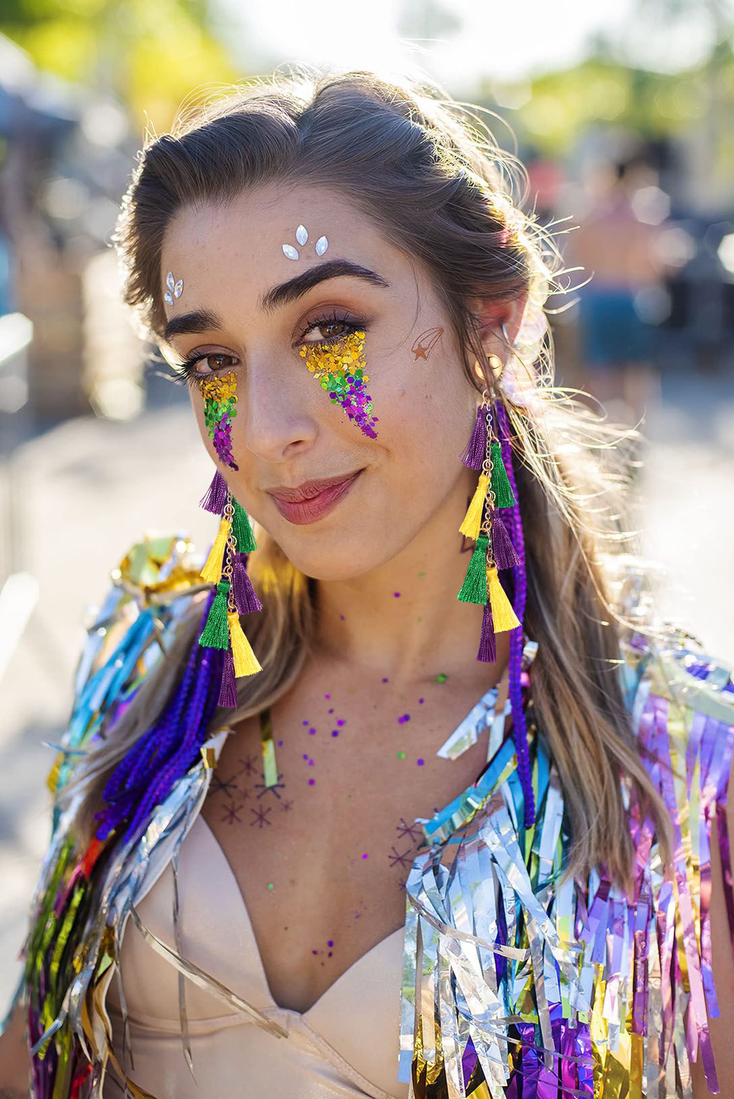 Mardi Gras Earrings Set Long Purple Green Gold Tassel Feather Mask Fleur De Lis Dangle Earrings for Women (3 pairs Mardi gras earrings set)