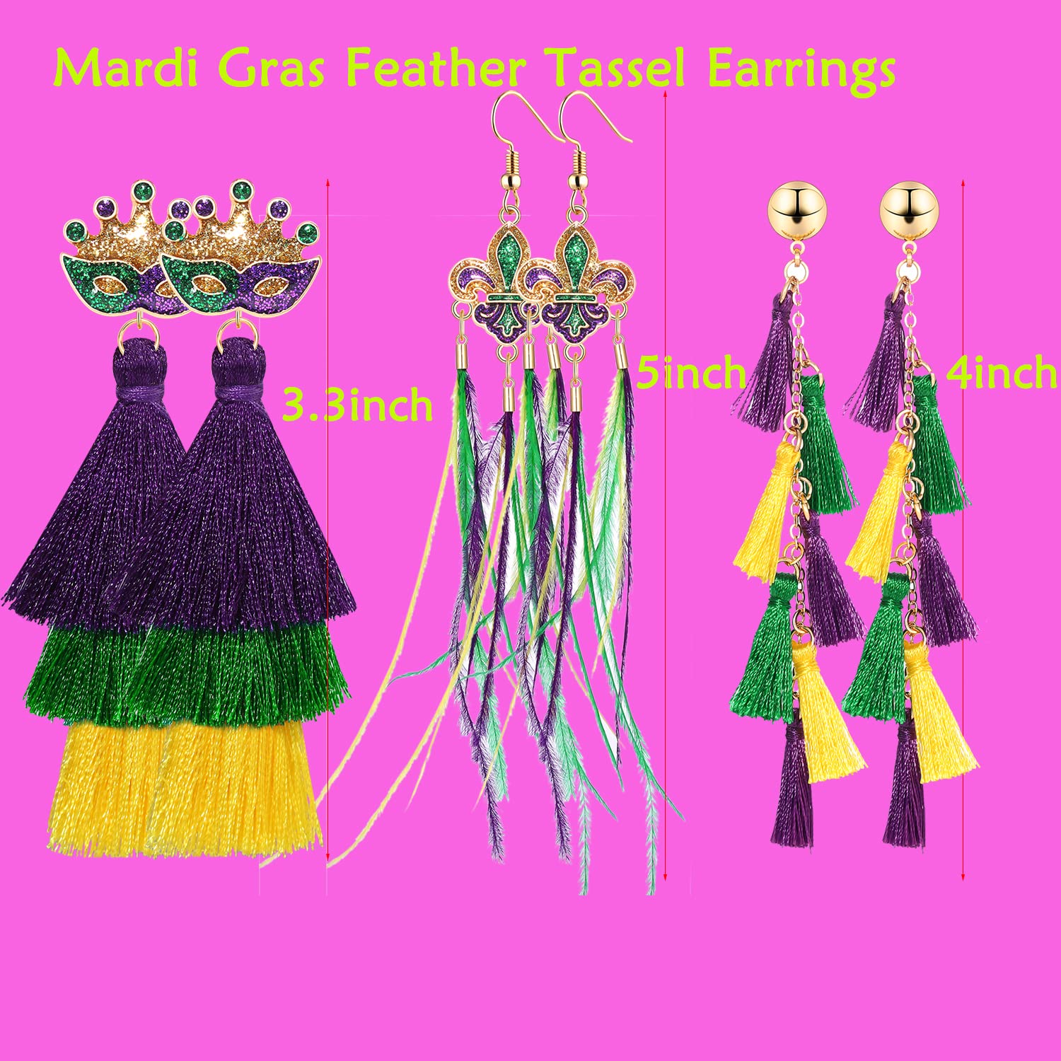 Mardi Gras Earrings Set Long Purple Green Gold Tassel Feather Mask Fleur De Lis Dangle Earrings for Women (3 pairs Mardi gras earrings set)