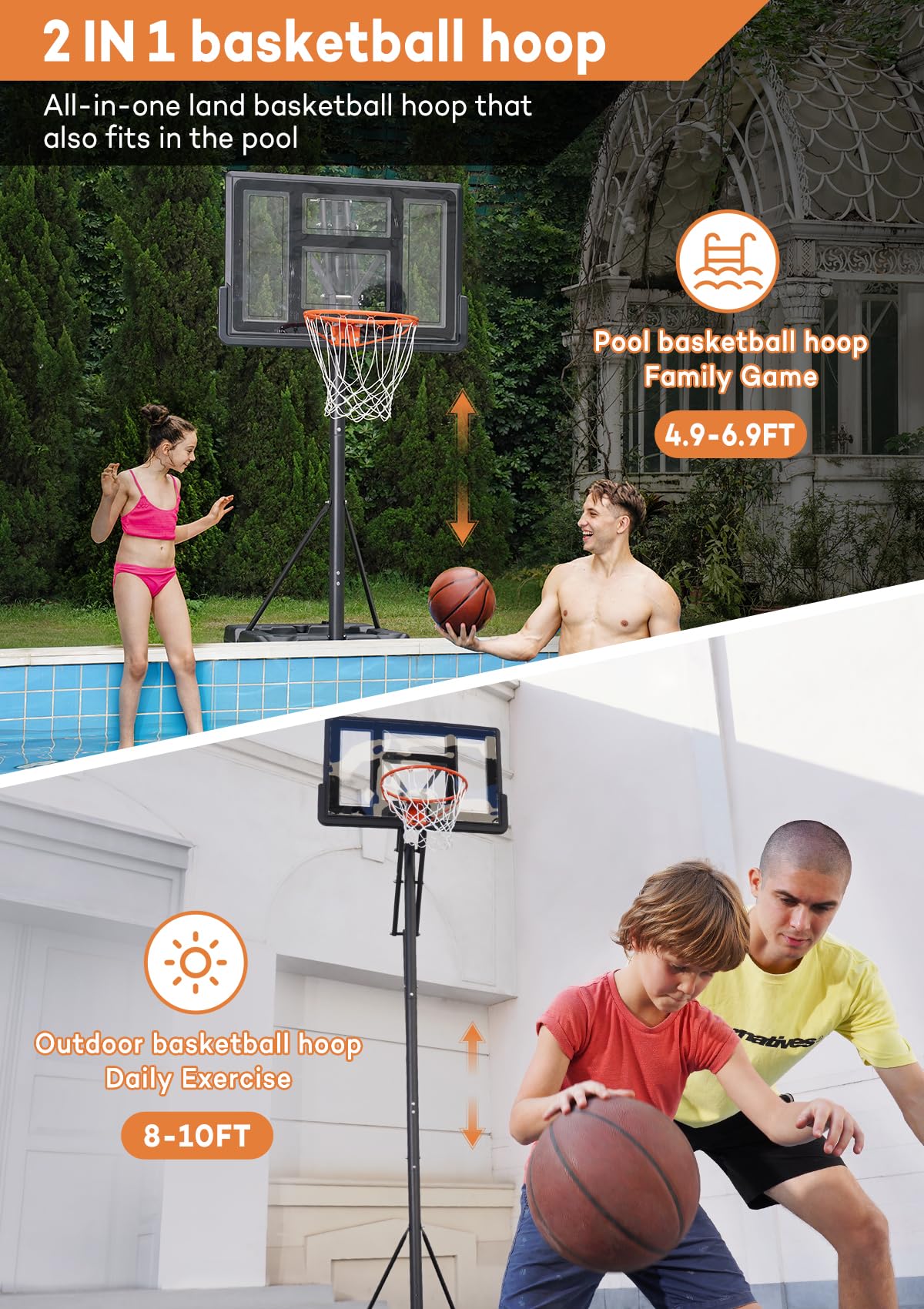 Aimking Portable Basketball Hoop Outdoor System with 44 Inch Shatterproof Backboard, 4.8-10 Feet Height Adjustable Basketball Goal System for Youth/Teens/Adults Indoor Outdoor