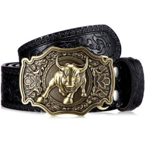 Photect Western Leather Belt, 1.5 Inch Wide, Black, 45 Inch, Unisex, Floral Embossed, Long Lasting, Golf, Buckle