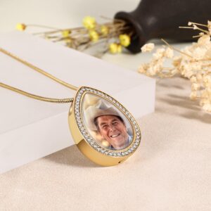 Fanery Sue Personalized Ashes Necklace for Women Men Custom Engraving Photo & Text Cremation Jewelry Urn Necklace for Ashes Memorial Keepsake for Loss Loved One, Copper, Zircon(Teardrop&Gold)