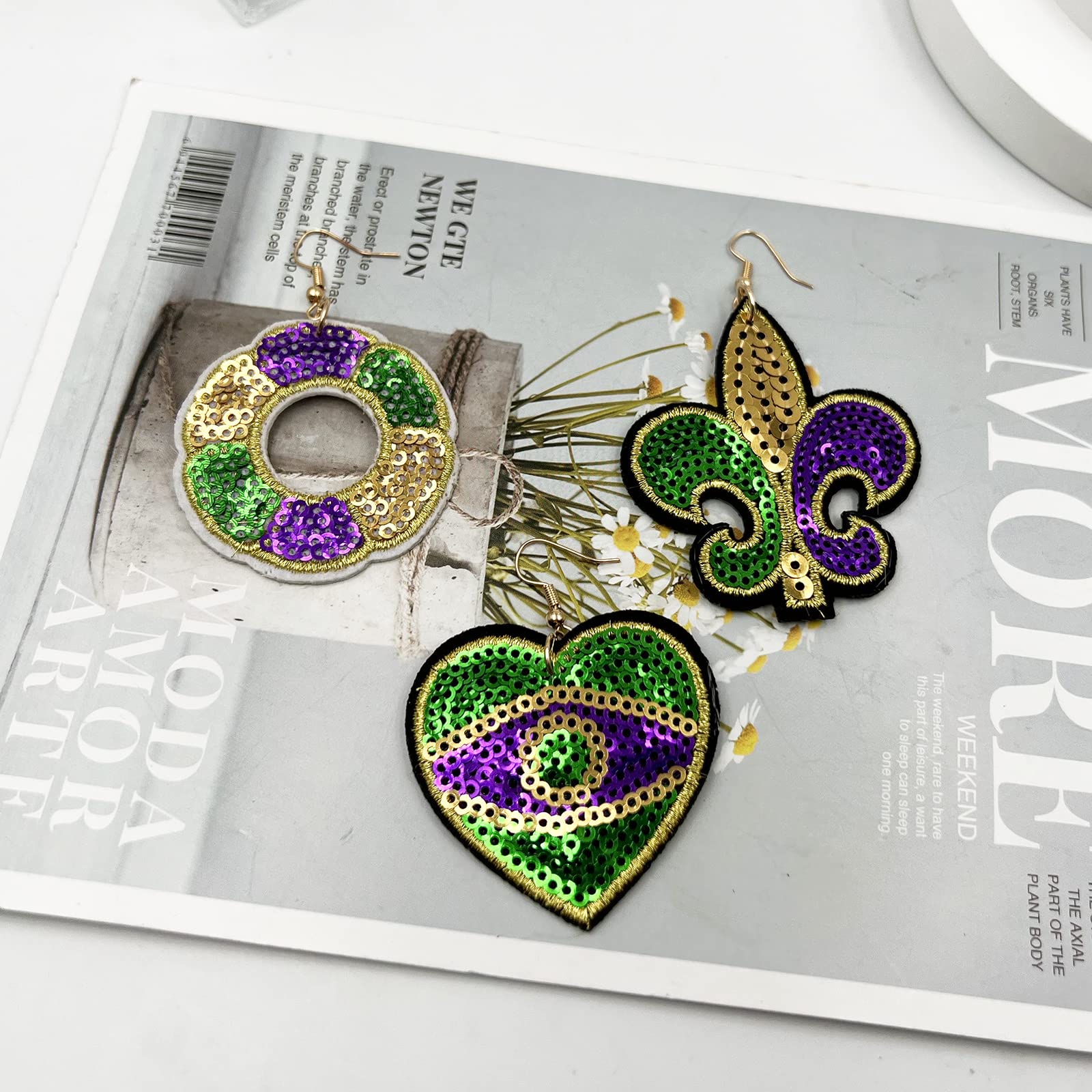 Mardi Gras Earrings for Women,Sequins Fabric Evil Eye Donut Fleur De Lis Dangle Earrings Carnival Theme Drop Earrings Holiday (Fleur De Lis)