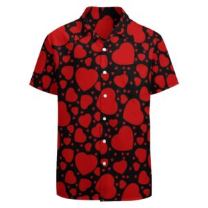 Valentine Day Summer Short Sleeve Shirts for Mens Button Heart Floral Printed Big and Tall Aloha Hawaiian Beach Poplin Shirt Red