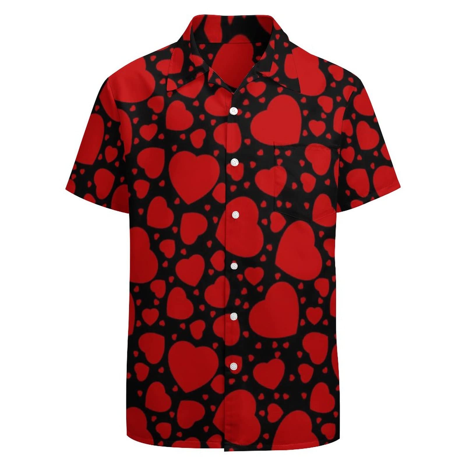 Valentine Day Summer Short Sleeve Shirts for Mens Button Heart Floral Printed Big and Tall Aloha Hawaiian Beach Poplin Shirt Red