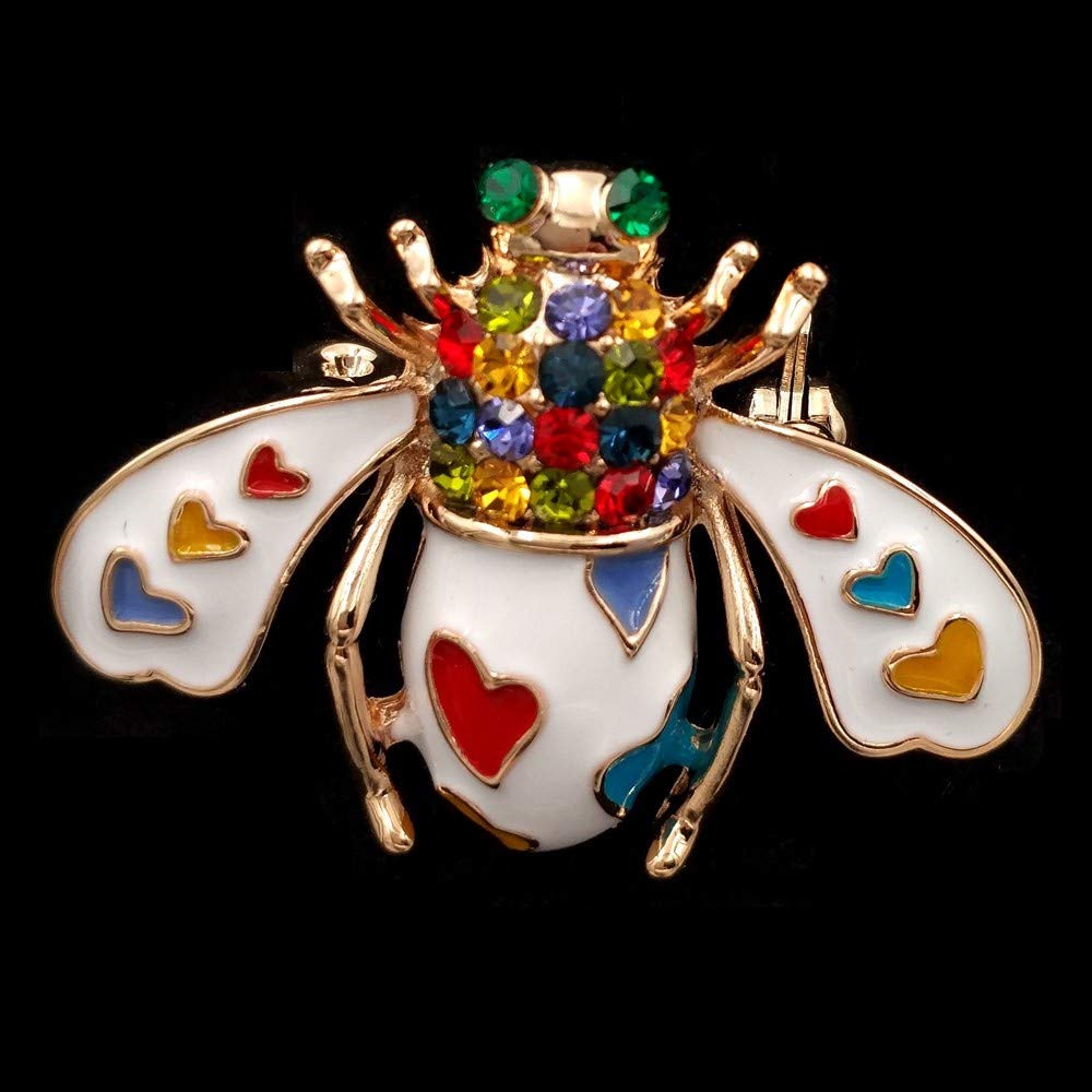 Super Cute Colored Heart Shaped Spotted White Bee Brooch Enamel Pin (White Bee)