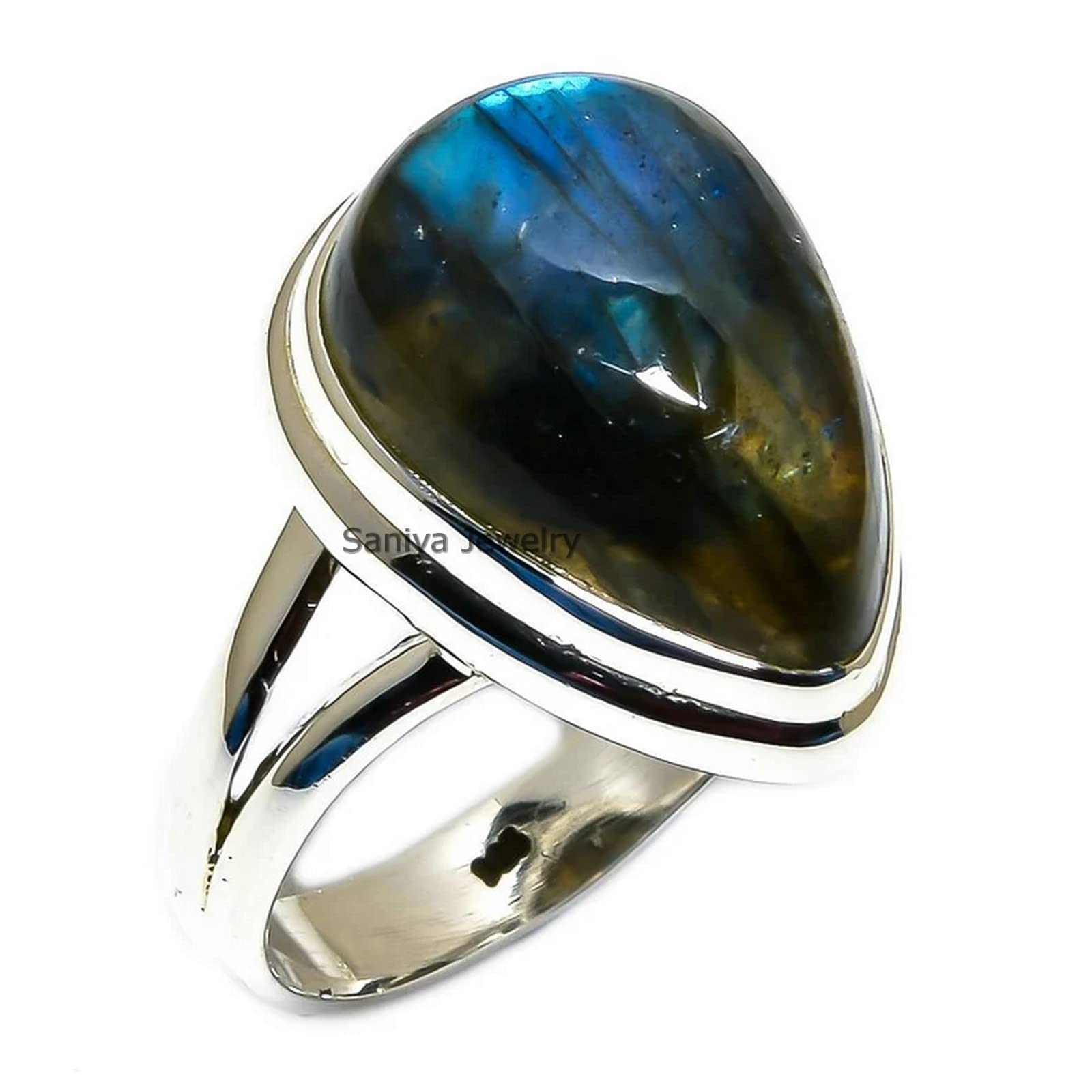 Saniya Jewelry Genuine Labradorite Pear Gemstone Real 925 Sterling Silver Handmade Ring For Women