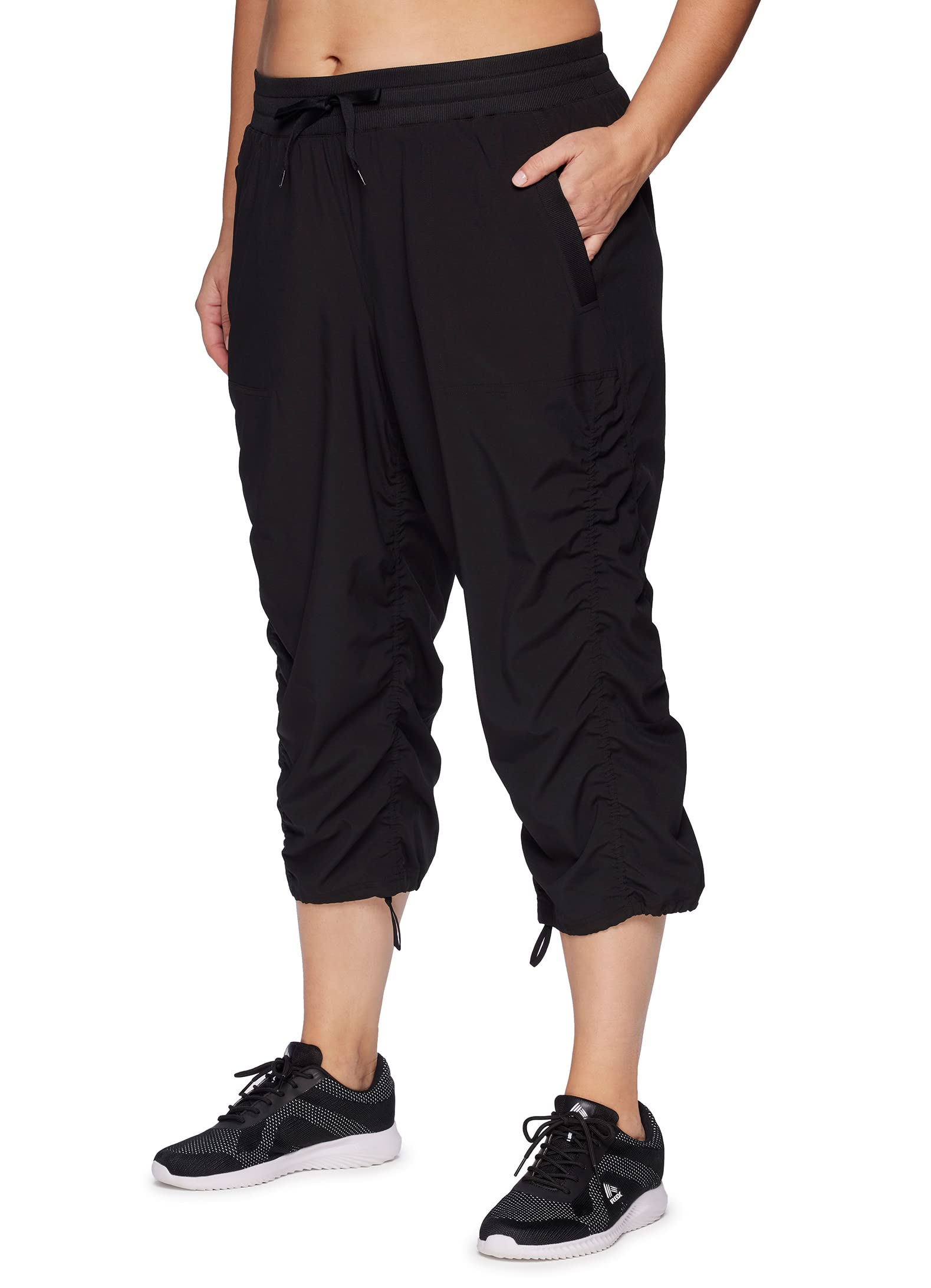 RBX Women's Plus Size Lightweight Woven Drawstring Capri Pant Jet Black 2X