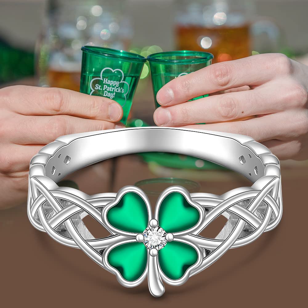 Shamrock Ring St Patrick's Day Shamrock Rings for Women Clover 925 Sterling Silver Celtic Ring Four Leaf Clover Irish Gifts Size 9