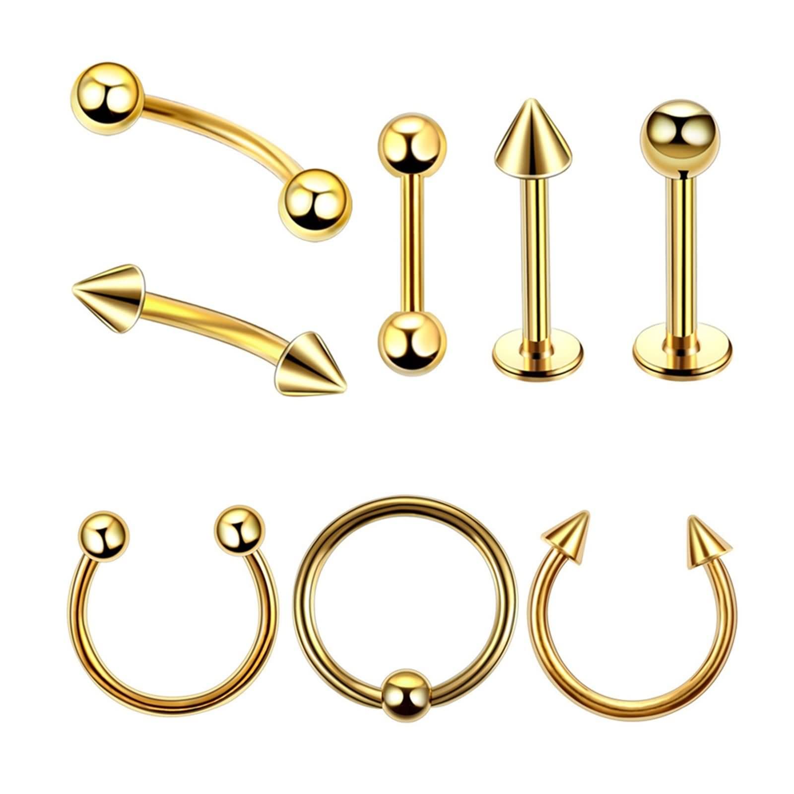 Daesar Womens Mens Nose Rings 16G, Stainless Steel Nose Ring Straight Bar C Shape and Hoop 6mm Stud Nose Rings Gold, 8Pcs