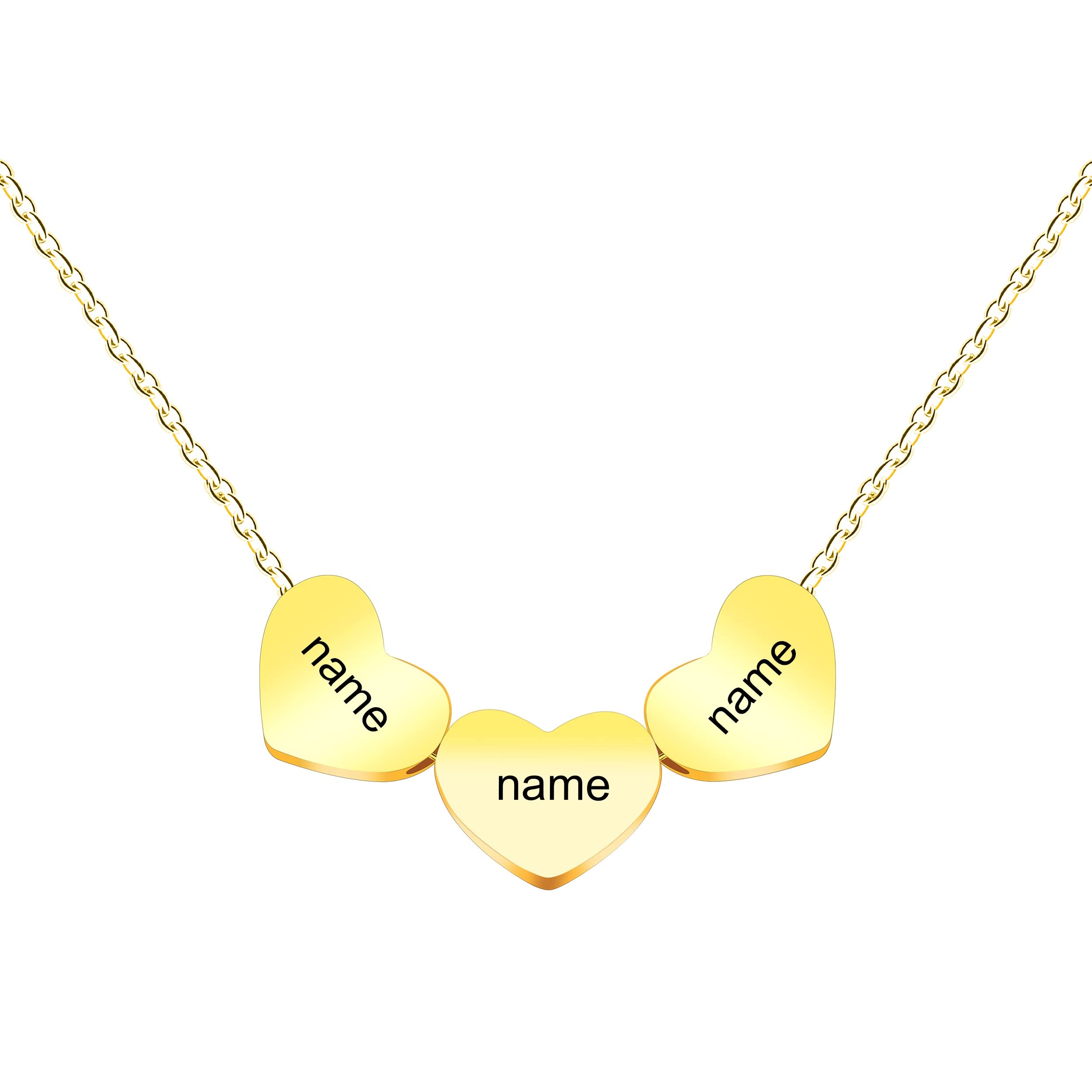 3 Gold Hearts Best Friends Necklace - Custom Engraving Triple Heart Pendant Necklace Long Distance Friendship Jewelry Birthday Gift (Gold)