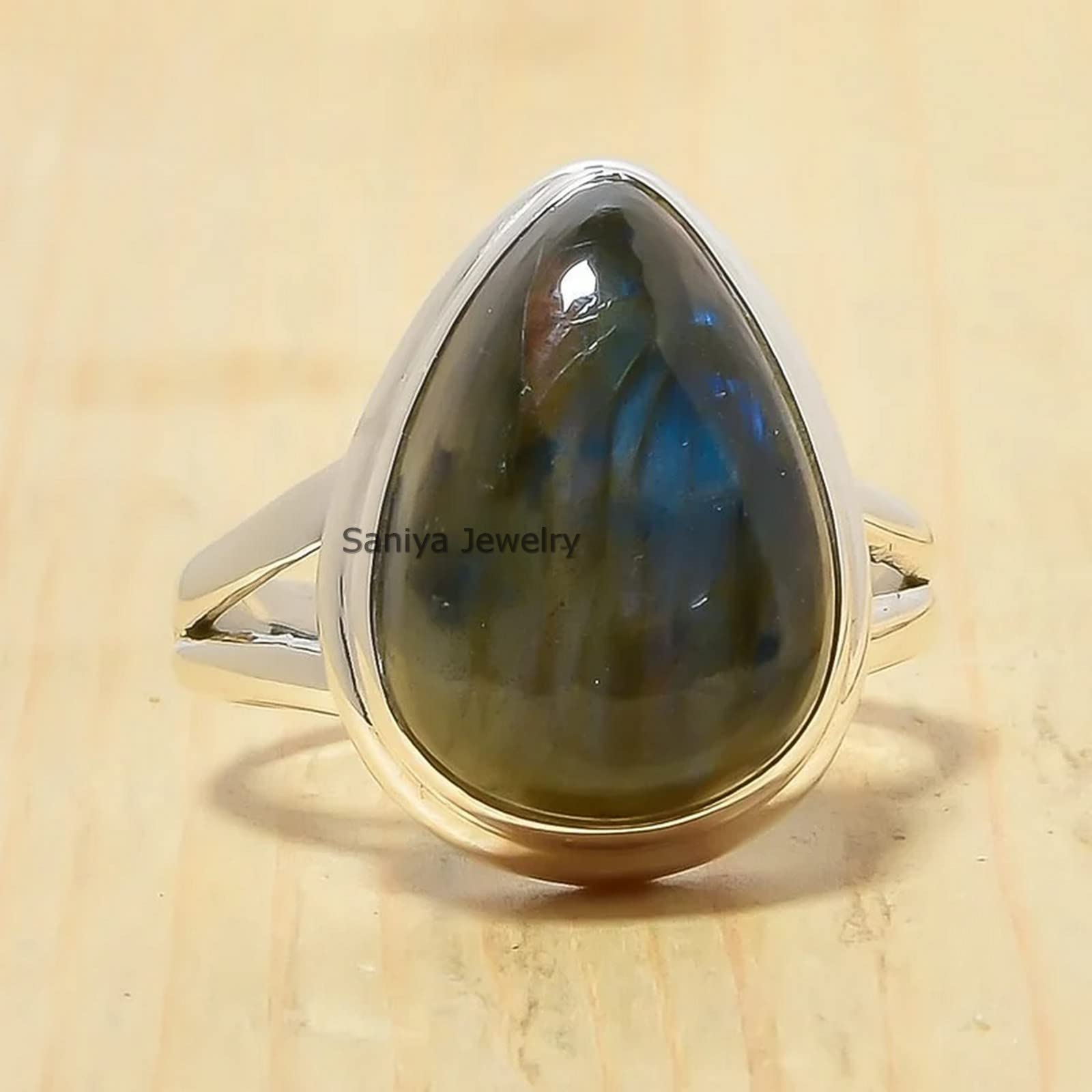 Saniya Jewelry Genuine Labradorite Pear Gemstone Real 925 Sterling Silver Handmade Ring For Women