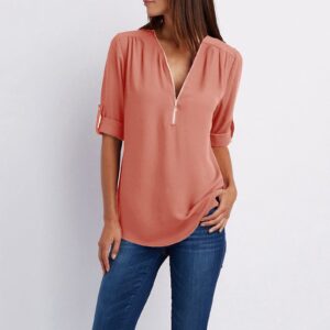 Womens Casual T Shirts Tops Soft Loose Quarter Zip Fashion Spring Summer Tees Shirt Sweatshirts Tunics Top Clothes Orange