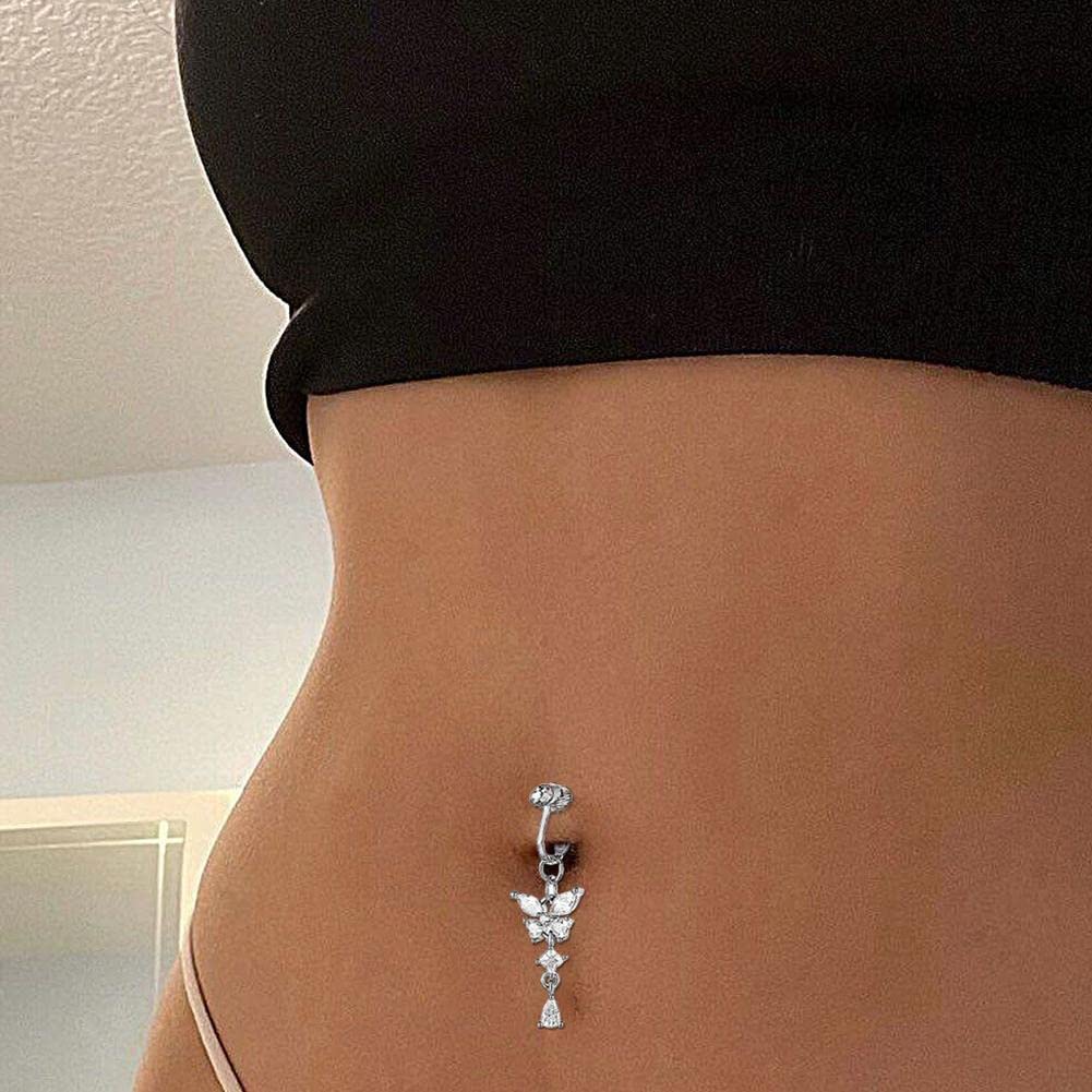 Fake Belly Piercing Fake Belly Button Ring,Dangle Belly Button Ring for Women,Butterfly Stainless Steel Belly Rings,Fake Belly Button Piercing Clip for Women Jewelry Gifts