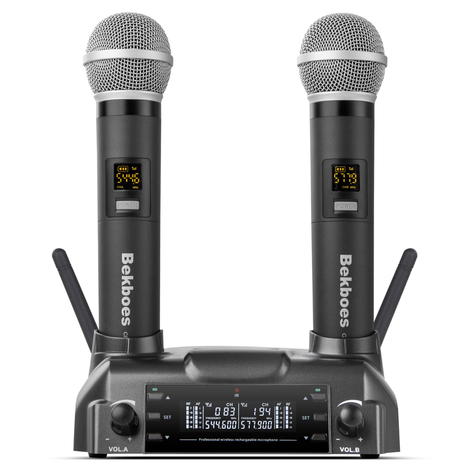 Professional Dual Dynamic Handheld UHF Wireless Microphone System, Magnetic Inductive Wireless Charging, 165ft Range for Home Karaoke/Meeting/Party/Church/Wedding