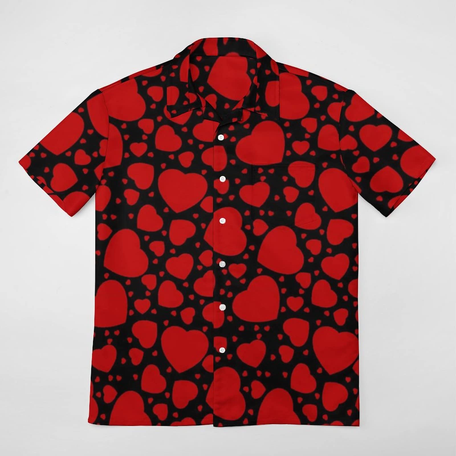 Valentine Day Summer Short Sleeve Shirts for Mens Button Heart Floral Printed Big and Tall Aloha Hawaiian Beach Poplin Shirt Red