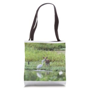 fawn and egret tote bag