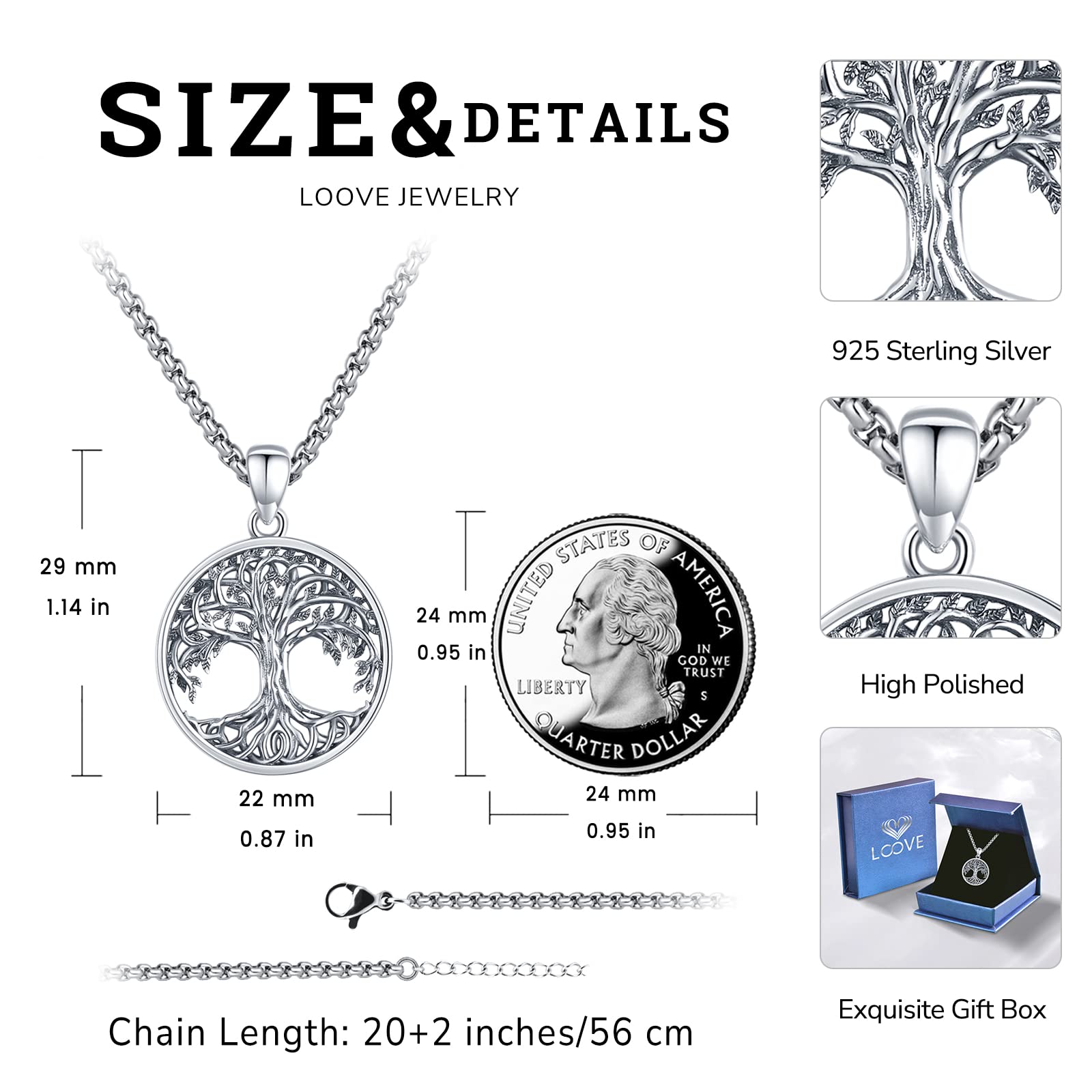 LOOVE Sterling Silver Tree of Life Pendant for Women Vintage Tree of Life Necklace Round Family Tree Pendant