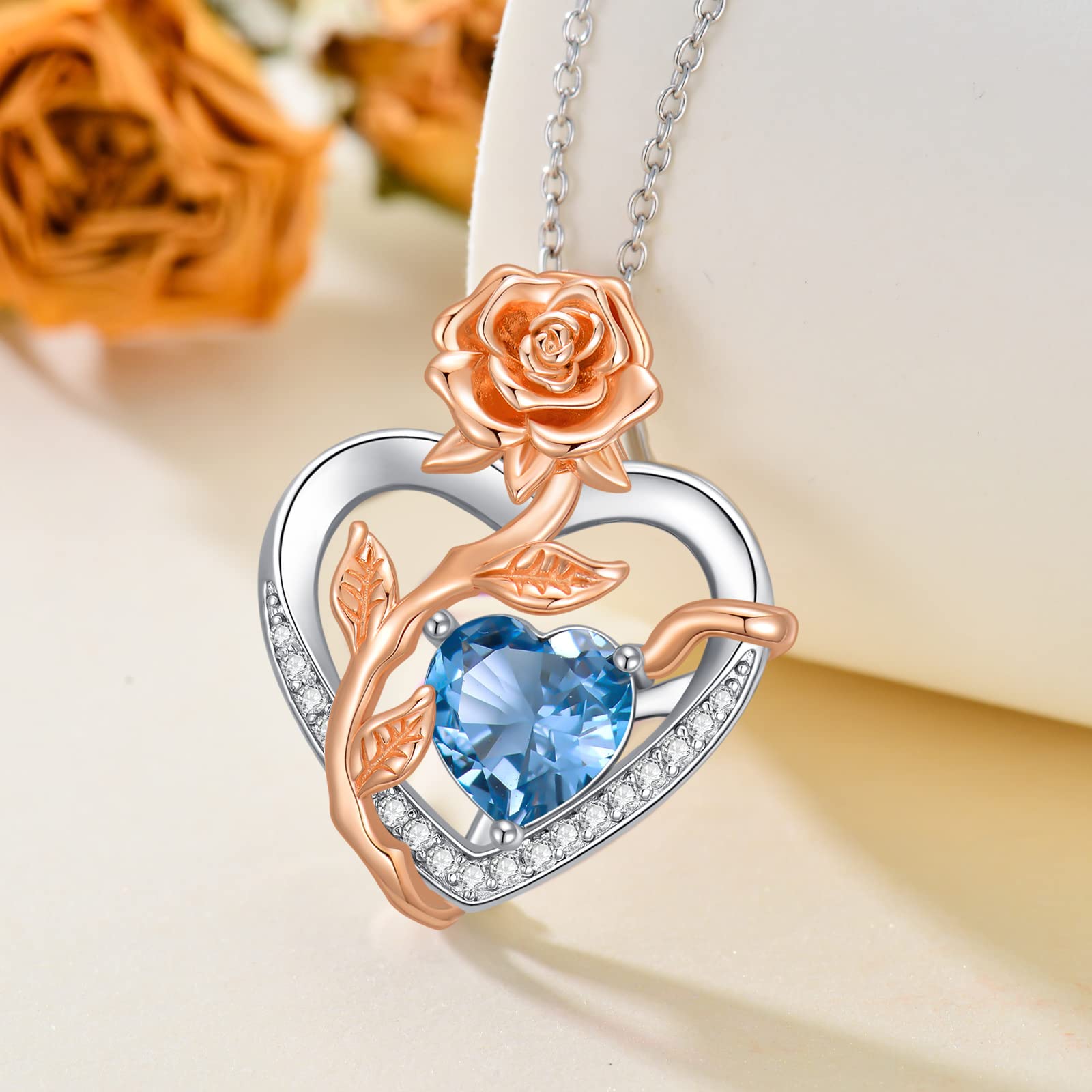 OJK Rose Heart Aquamarine Necklace for Women Sterling Silver March Birthstone Necklace for Her Wife Girls Jewelry Birthday Anniversary Christmas Gifts