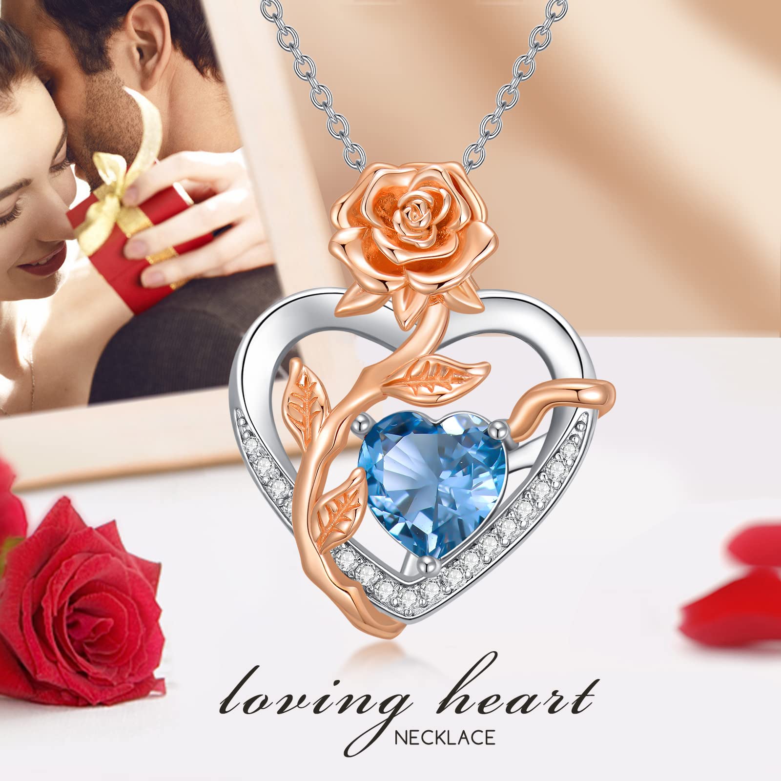 OJK Rose Heart Aquamarine Necklace for Women Sterling Silver March Birthstone Necklace for Her Wife Girls Jewelry Birthday Anniversary Christmas Gifts