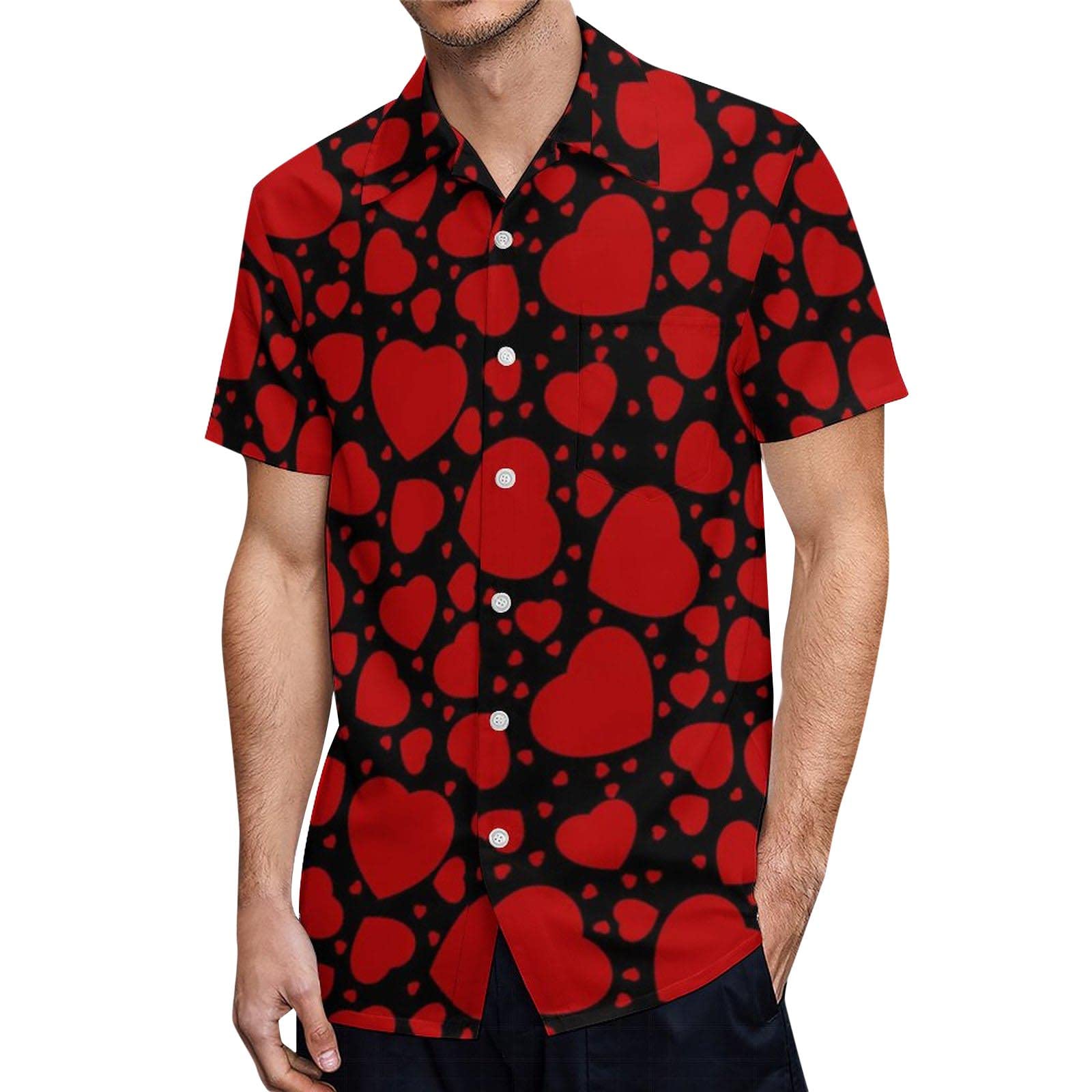 Valentine Day Summer Short Sleeve Shirts for Mens Button Heart Floral Printed Big and Tall Aloha Hawaiian Beach Poplin Shirt Red